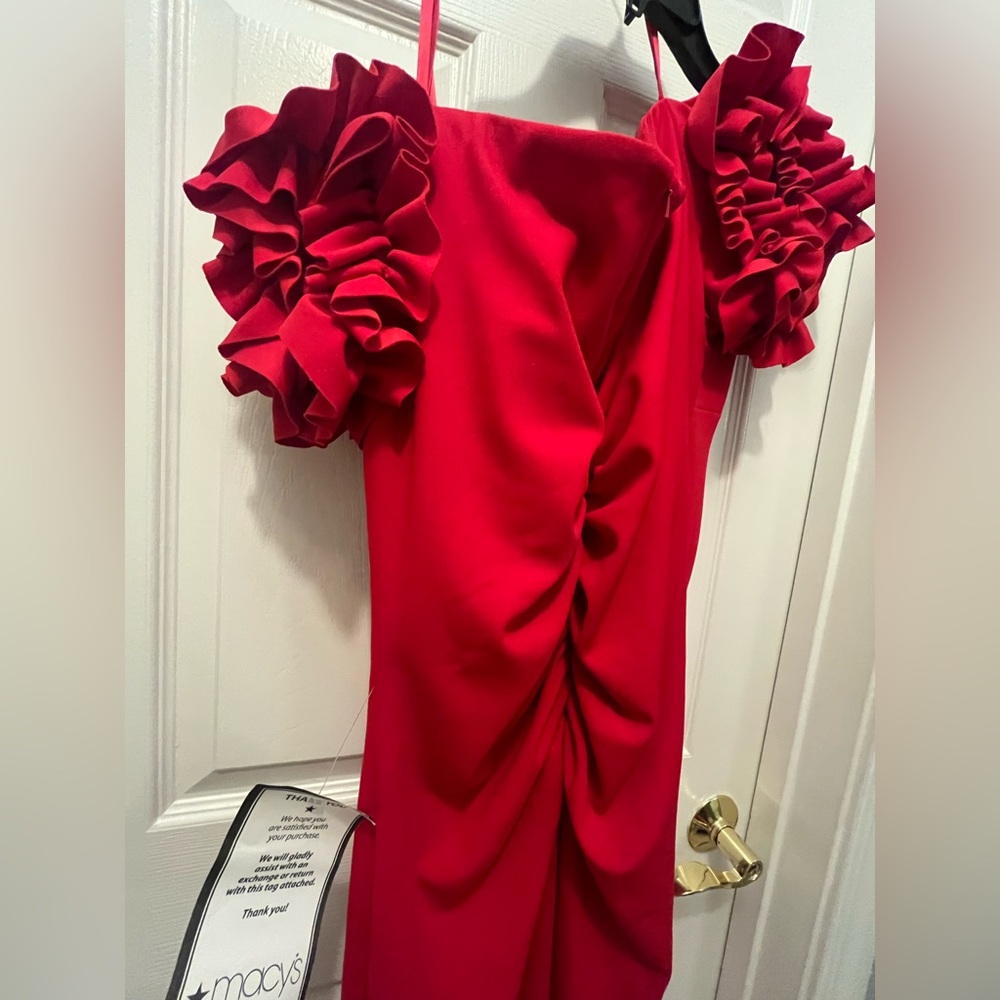 NWT Xscape Red Ruffle Shoulder Evening Gown Dress from Macy's - Picture 10 of 13